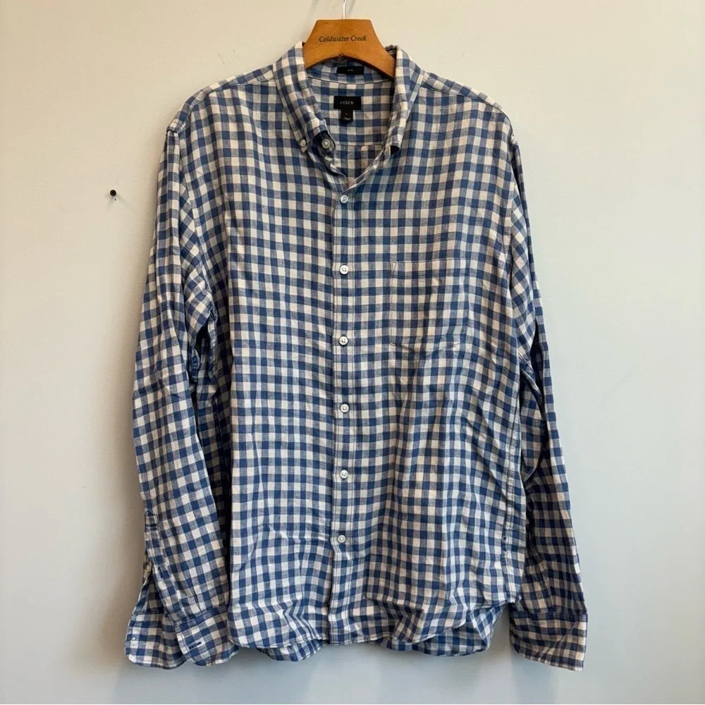 J. Crew Large Baird McNutt Linen Button Down Shirt Blue White check